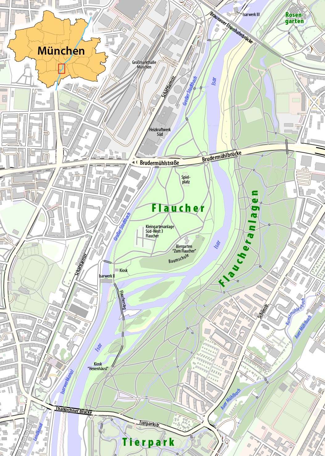 Isar zwischen Wittelsbacherbrücke und Flaucher in München